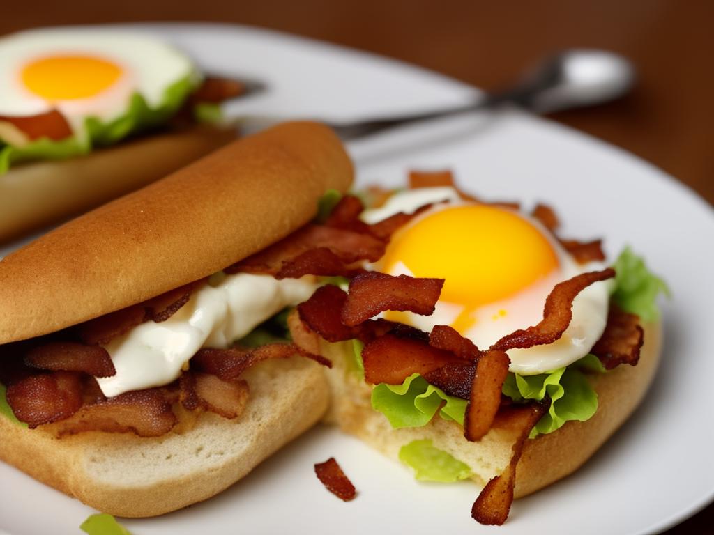 A photo of a Starbucks smoked bacon roll with bacon, egg patty, and sauce on a bread roll, served on a white plate.