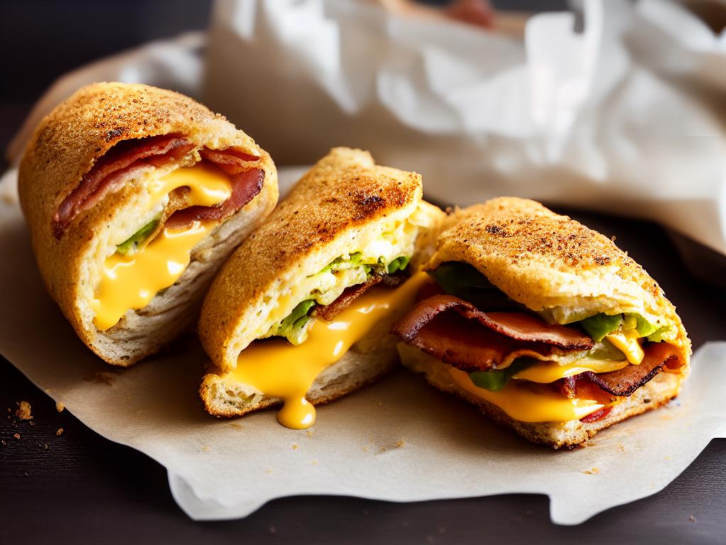 A close-up image of a Starbucks smoked bacon roll with melted cheese on top, served inside a paper bag, on a dark wooden table.