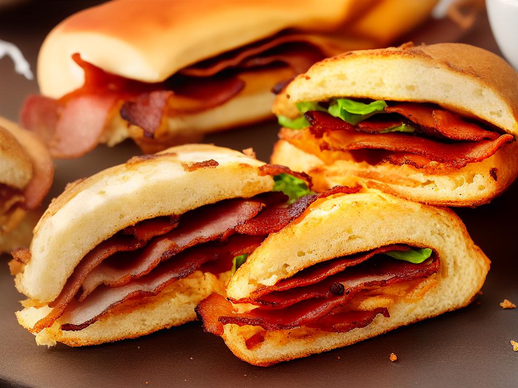 A close-up image of a Starbucks smoked bacon roll, showing the pieces of crispy bacon inside a warm, soft roll with a golden-brown exterior.