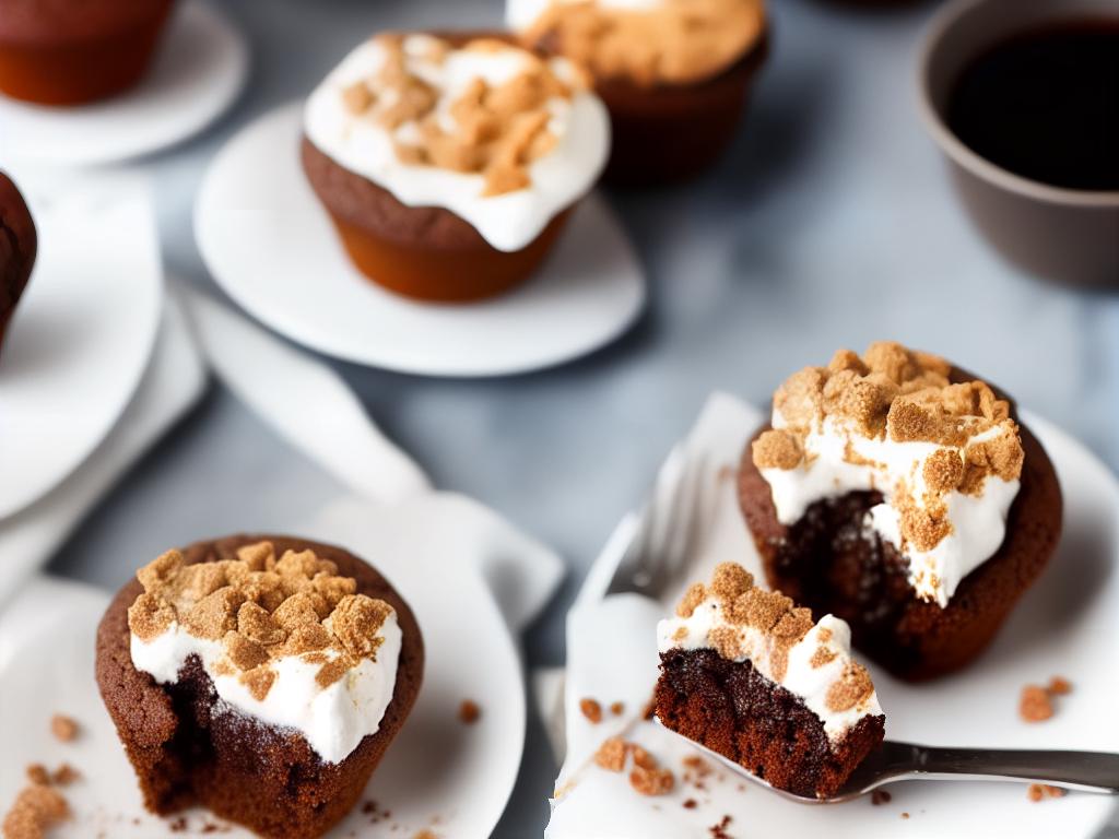 A photo of a Starbucks S'mores Muffin, with a chocolate muffin base, a gooey marshmallow filling, and a crumbly graham cracker topping. It is served on a white plate with coffee in the background.