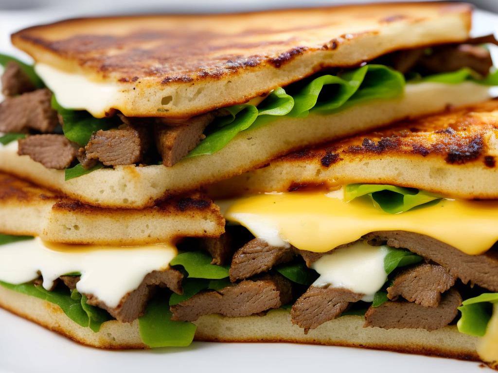 A close-up of the Starbucks Steak and Cheese Panini on a white plate. The panini has a crusty baguette with melted Swiss cheese, garlicky aioli, grilled onions, and tender seared steak.