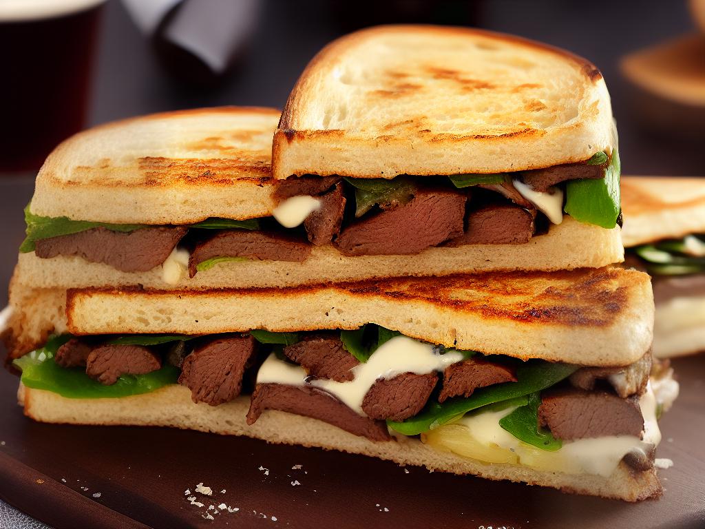 A photo showing a Starbucks Steak and Cheese Panini sandwich