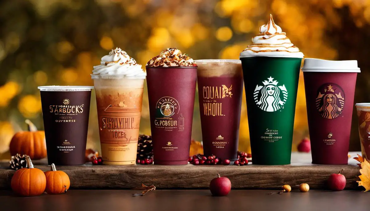 A variety of Starbucks vegan fall drinks in festive cups, showcasing the flavors and aesthetic appeal