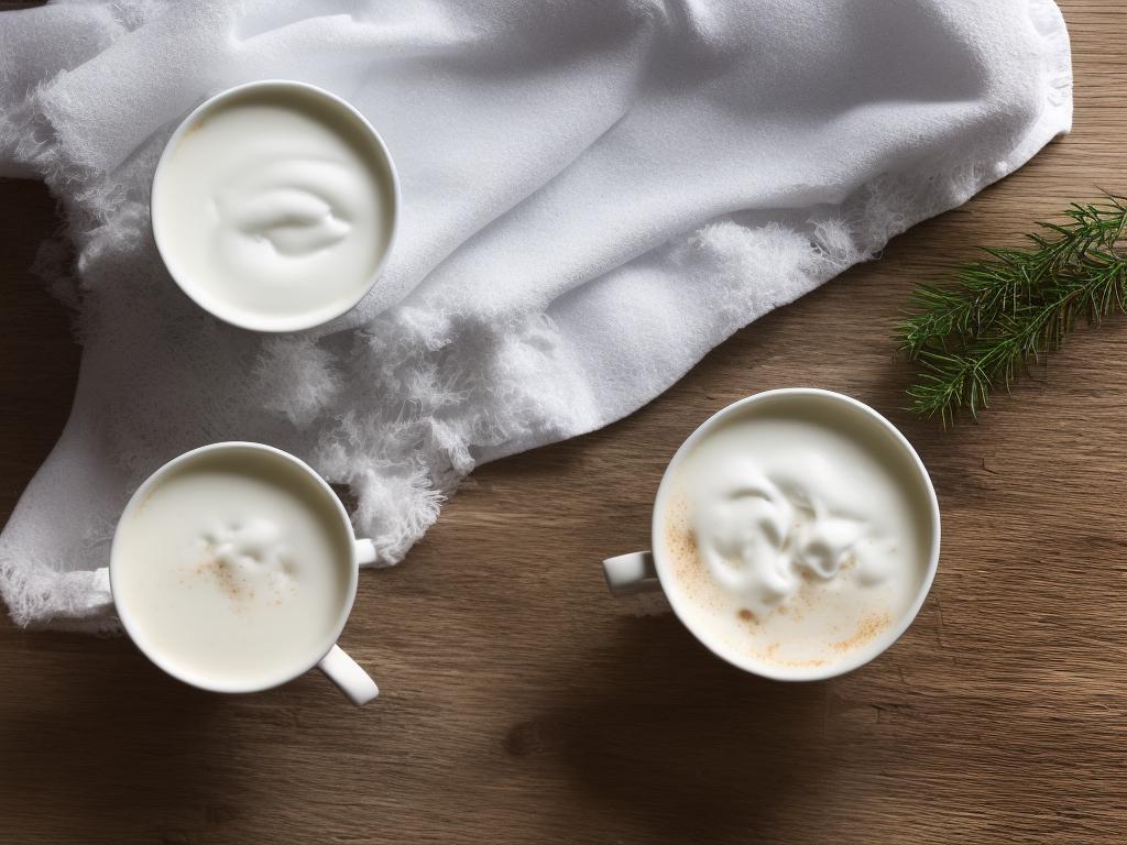 A steaming cup of white hot chocolate with whipped cream on top on a dark wooden table with snowflakes and a small fir tree in the background.