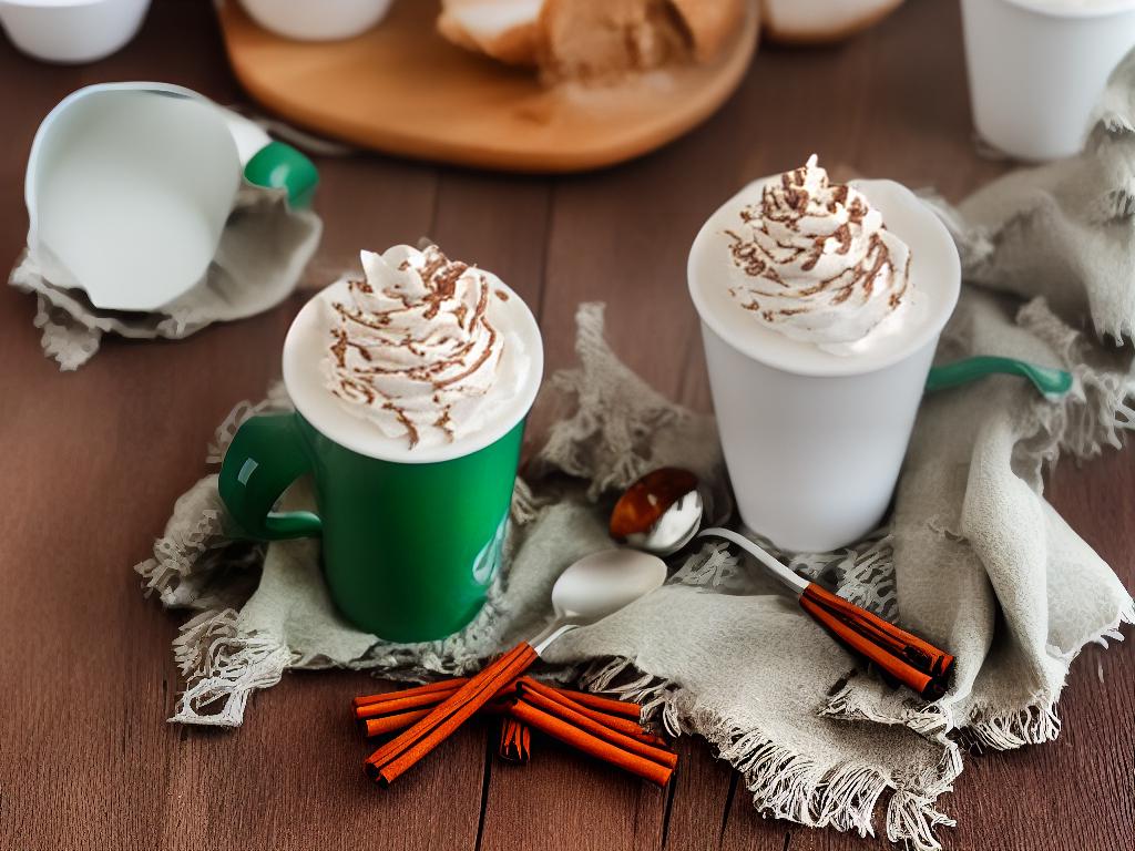 A white Starbucks cup on a brown table with white hot chocolate topped with whipped cream and a chocolate drizzle on the side. The background has a vintage, cozy feel and there are green and brown colors all around.