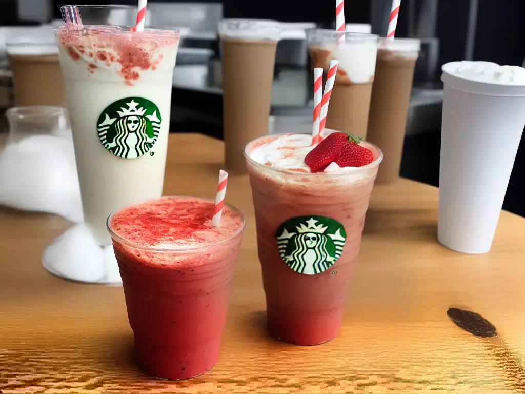 A photo of a strawberry and cream frappuccino from Starbucks. It is in a clear plastic cup with whipped cream on top and a red straw. There are pieces of strawberry and red swirls in the drink.