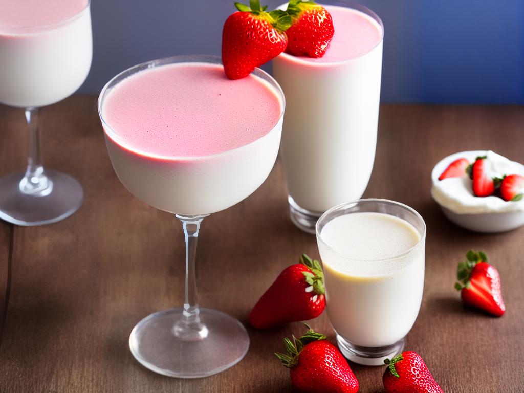 A picture of a tall glass filled with a pink, frothy drink topped with whipped cream and strawberry sauce.