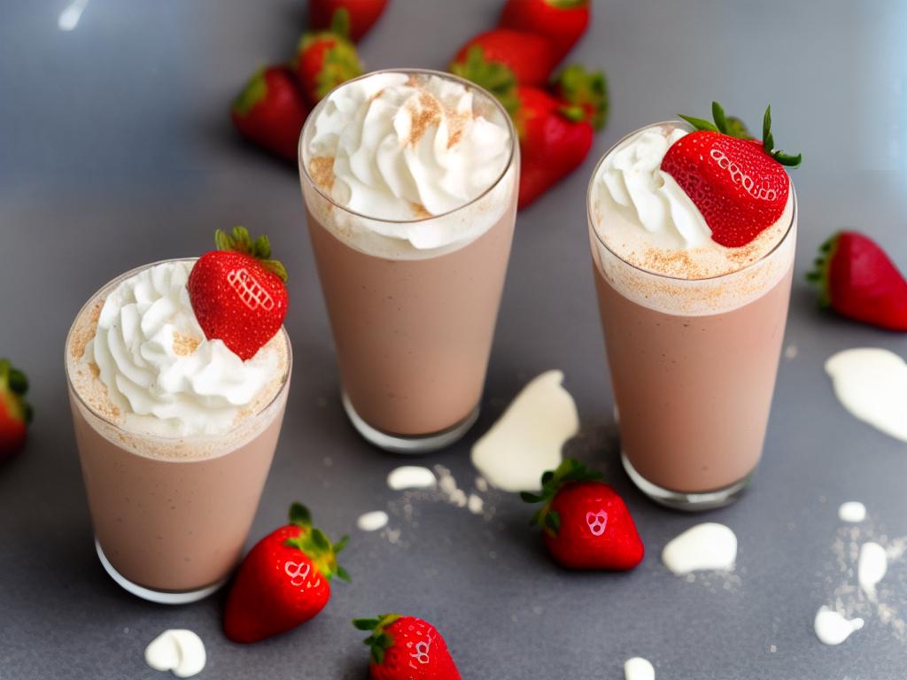 A glass of strawberries and creme frappuccino with whipped cream on top.