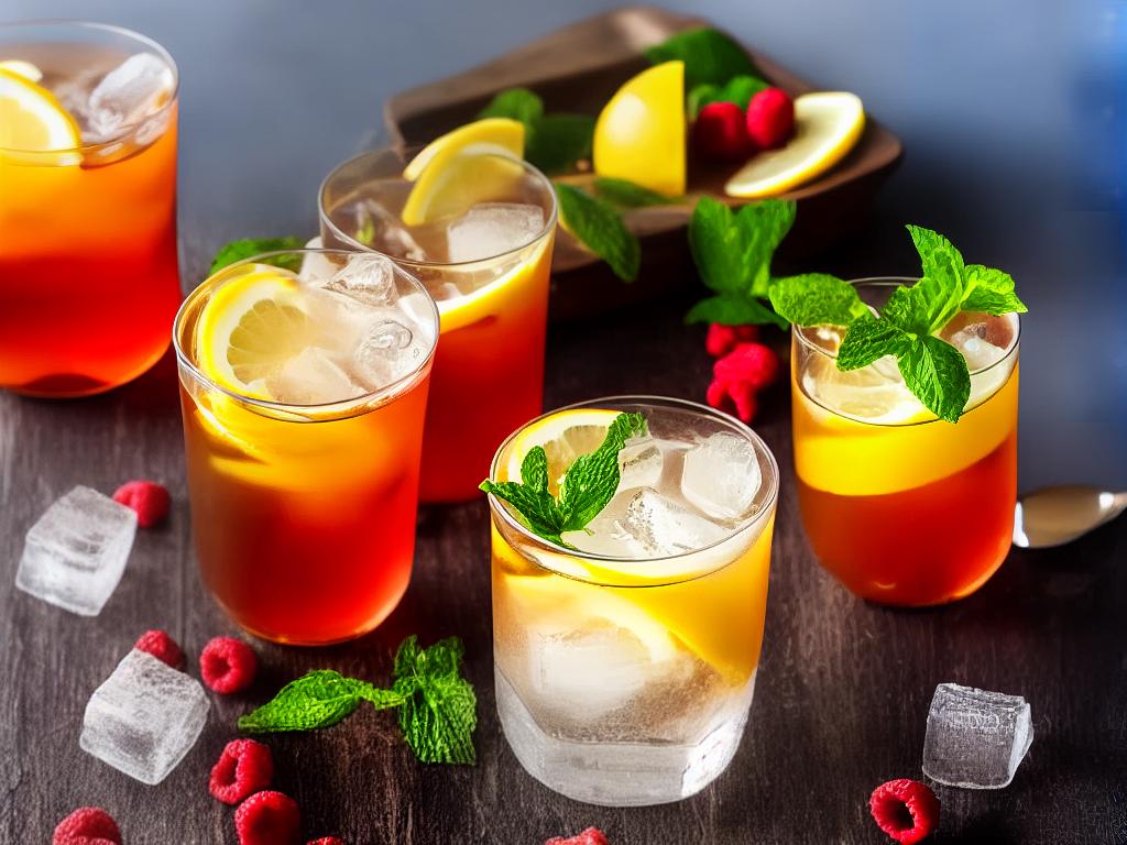 A glass filled with ice and a colorful, refreshing iced tea with slices of lemon and fruits in it.