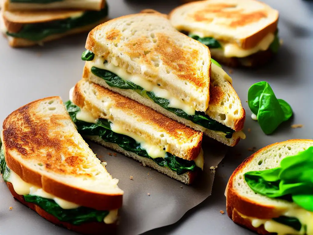 A photo of Starbucks' Tuna Melt Panini with melted cheese and spinach leaves on top of sourdough bread.