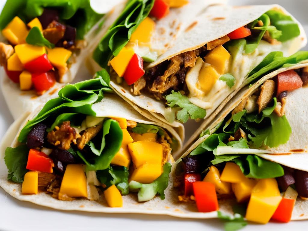 A wrap filled with BBQ jackfruit, grilled mixed vegetables, and dairy-free cheese held together by a soft tortilla wrap.