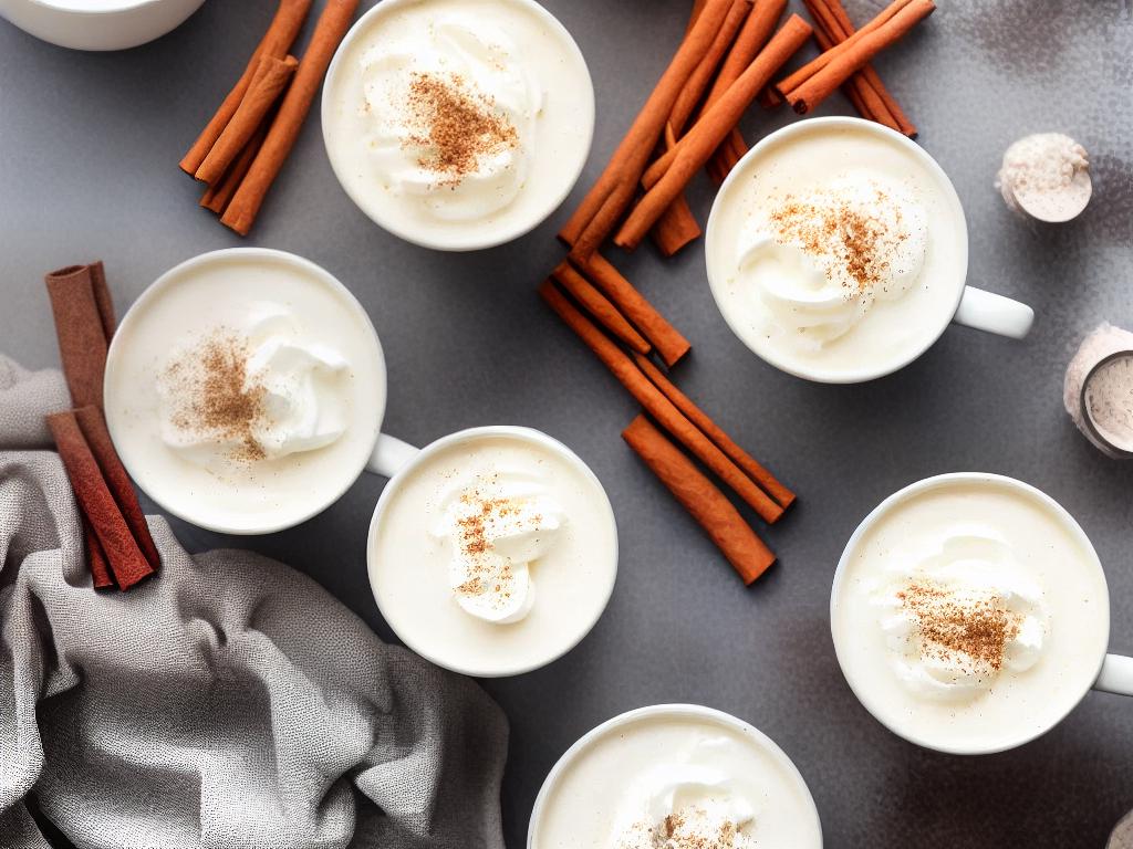 A cup of white hot chocolate topped with whipped cream and cinnamon on a white background